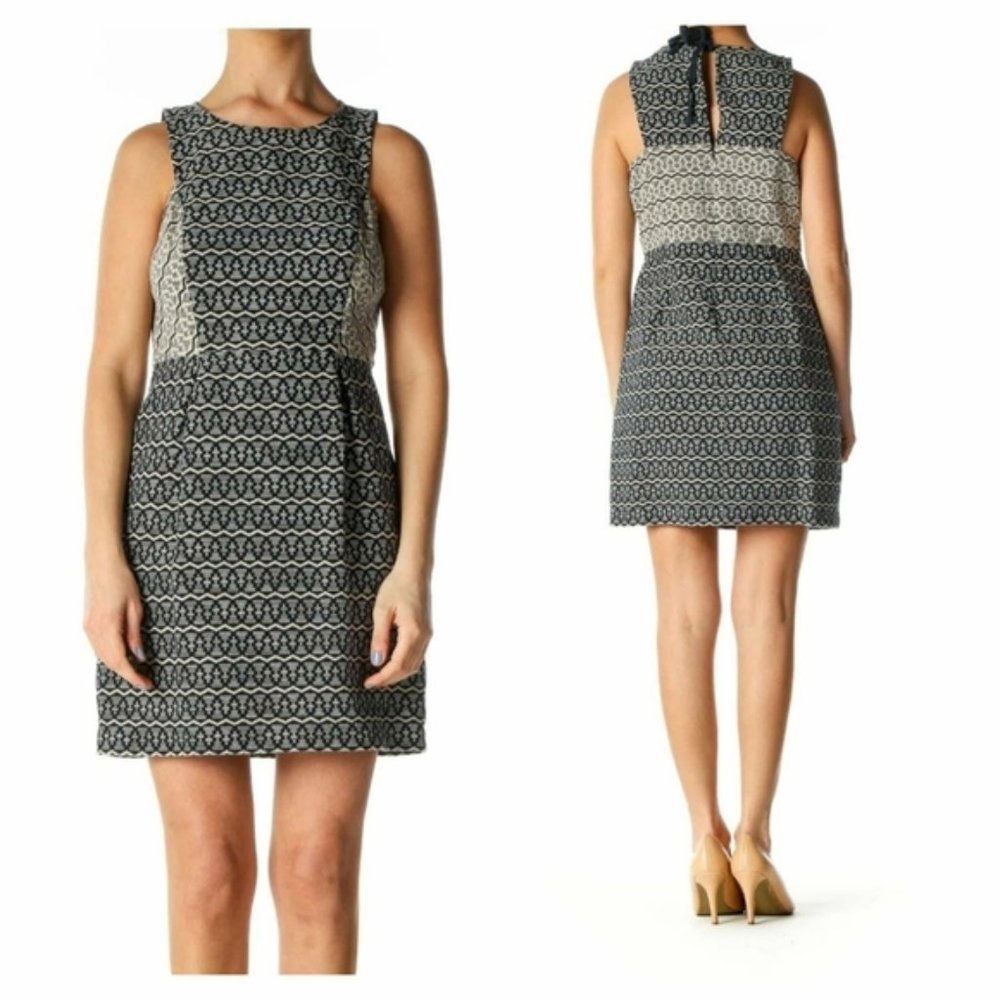 Loft Navy Blue Ivory Jacquard Sleeveless A-Line Fitted Cotton Dress Plus Sz 14